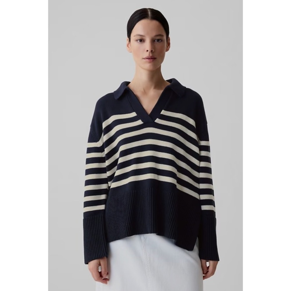GAP Women's Navy Blue White Striped 24/7 Split-Hem Cotton Polo Sweater Size S